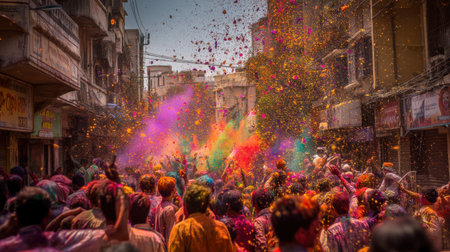 A vibrant outdoor celebration showcasing the colorful festival of Holi, where people joyfully throw colored powder in the streets, creating a lively and festive atmosphere.の素材
