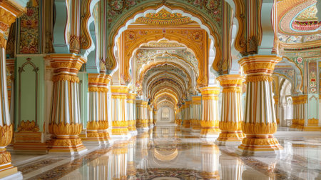 Explore the stunning interior of a grand palace featuring vibrant colors, intricate designs, and majestic arches, showcasing rich heritage and artistry.の素材