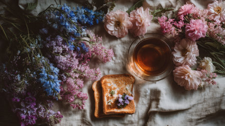 A serene scene featuring fresh flowers, a slice of toast, and a cup of tea, perfect for a cozy morning or afternoon break, highlighting natural beauty.の素材