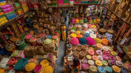 Explore a bustling market filled with vibrant spices and textiles. This lively scene captures the essence of local culture and showcases a rich variety of colors and products.の素材