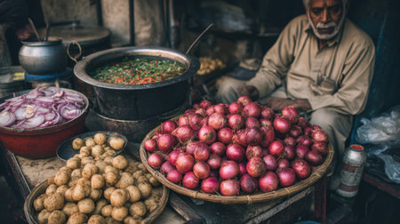 A vibrant market scene featuring fresh onions and potatoes, showcasing the essence of traditional food culture and local produce in a bustling environment.の素材