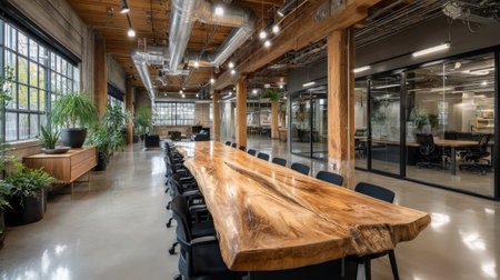 Spacious office interior featuring a large wooden conference table surrounded by chairs, integrated with greenery and modern lighting. Ideal for meetings.の素材