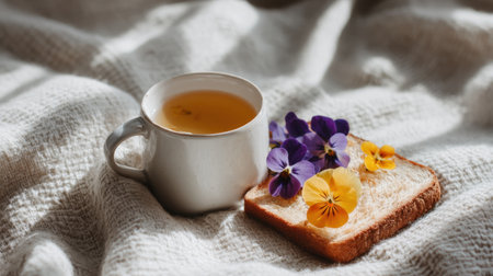 A cozy morning scene featuring a warm cup of tea beside fresh bread adorned with vibrant edible flowers, all set on a soft blanket. Perfect for a tranquil breakfast moment.の素材