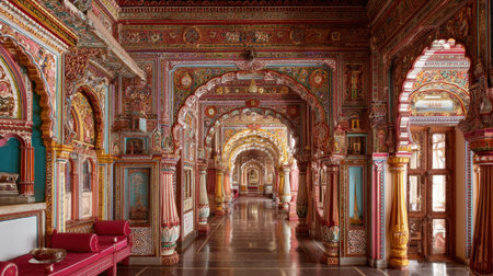 Experience the stunning beauty of a historical palace interior, featuring intricate architectural details, colorful walls, and elegant arches. Perfect for a cultural exploration.の素材