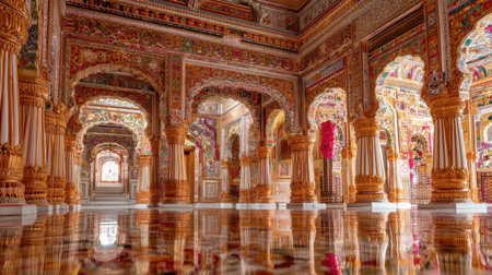 Experience the grandeur of an Indian palace interior, showcasing vibrant designs, intricate patterns, and stunning reflections on polished flooring.の素材