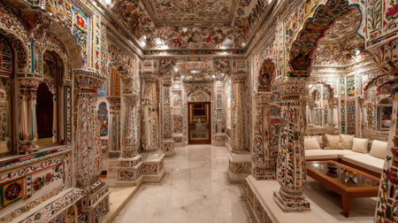 This image showcases an intricately decorated historic room featuring colorful wall art, detailed pillars, and elegant furnishings, creating a vibrant ambiance.の素材