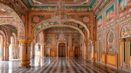 Explore the stunning interior of an ornate Indian palace, featuring vibrant artwork, intricate ceilings, and elegant chandeliers. A true cultural masterpiece.の素材