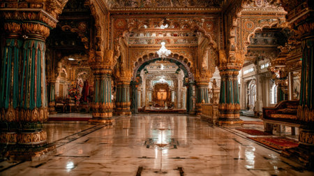 This stunning interior showcases the beauty of traditional temple architecture with intricate details, vibrant colors, and serene ambiance, capturing cultural heritage.の素材