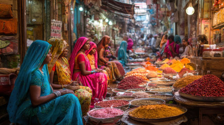 Experience the lively atmosphere of an Indian market, where women in colorful attire engage amid vibrant spices and goods, showcasing local culture and traditions.の素材