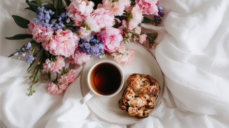 Experience the essence of a cozy morning with a delicate arrangement of flowers, a warm cup of tea, and a delicious scone, all draped in soft blankets.の素材