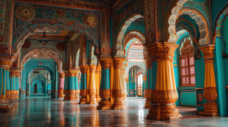 Explore the stunning interior of a historical Indian palace, featuring intricately designed arches and vibrant colors that reflect rich cultural heritage.の素材