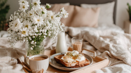Enjoy a cozy breakfast in bed featuring fresh flowers, warm drinks, and delicious bread. Perfect for moments of relaxation and comfort at home.の素材