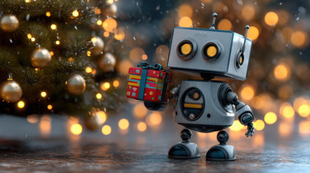 Adorable robot holds a colorful gift near a beautifully decorated Christmas tree, surrounded by festive lights and ornaments, showcasing holiday joy.の素材