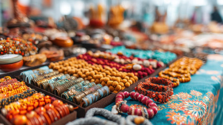 Explore a stunning array of handcrafted jewelry showcased in a vibrant market setting, highlighting the creativity and craftsmanship of local artisans.の素材