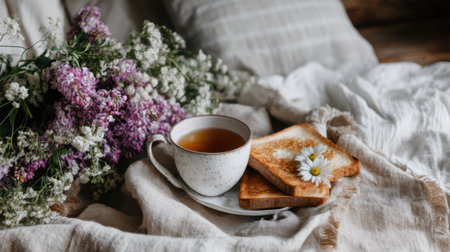A serene morning setup featuring a cup of tea, slices of lightly toasted bread, and a bouquet of fresh flowers on a soft blanket. Perfect for moments of comfort and relaxation.の素材