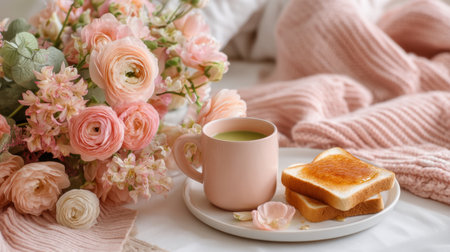 A cozy breakfast scene featuring a pink cup of green tea, golden toast, and a beautiful arrangement of pink flowers, creating a tranquil home atmosphere.の素材