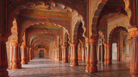 Explore the stunning beauty of traditional Indian architecture featuring intricate columns and vibrant patterns in a serene palace hallway.の素材