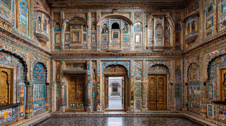 Discover the stunning beauty of Indian architecture showcasing vibrant wall art and intricate designs. This exquisite room captures the essence of cultural heritage.の素材