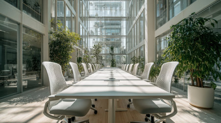 A bright and modern office space featuring a long table surrounded by stylish chairs. Abundant greenery enhances the professional atmosphere, ideal for collaboration.の素材