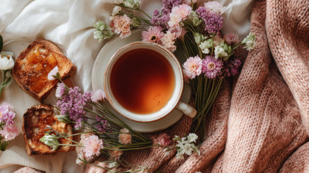 A tranquil morning scene featuring a cup of tea, tasty snacks, and vibrant flowers. Perfect for evoking feelings of comfort and relaxation at home.の素材