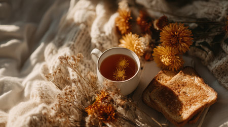 A serene morning setup featuring a cup of tea, a slice of toast, and dried flowers on a soft blanket, evoking a sense of warmth and comfort. Ideal for lifestyle themes.の素材