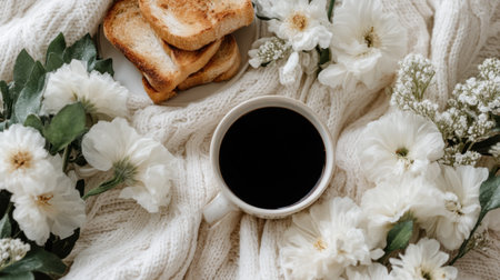 Enjoy a serene morning scene featuring a cup of coffee, crunchy toast, and delicate white flowers on a soft knit blanket, evoking comfort and relaxation.の素材