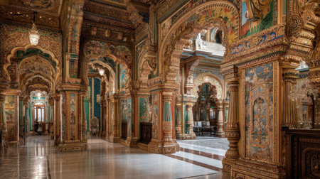 Discover the stunning interior of a historic palace hall with intricately designed architecture, ornate decorations, and vibrant colors that embody cultural heritage.の素材