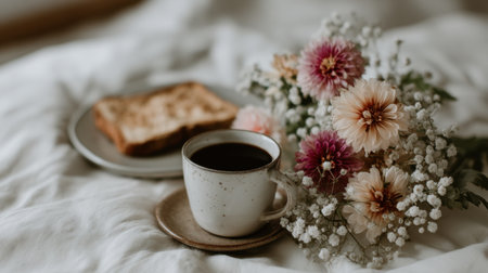 A cozy morning scene featuring a cup of coffee, toast, and fresh flowers. Perfect for evoking feelings of warmth, relaxation, and simple pleasures.の素材