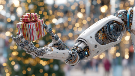 A robotic arm gracefully holds a colorful gift box, surrounded by shimmering Christmas lights. This image captures the blend of technology and holiday spirit.の素材