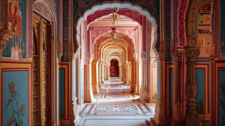 Explore a stunning hallway featuring intricate arches and vibrant colors, showcasing the beauty of traditional Indo-Islamic architecture in a historic setting.の素材