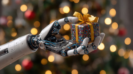 A detailed robotic hand delicately holds a colorful gift box adorned with a ribbon, set against a festive holiday backdrop filled with sparkling lights.の素材