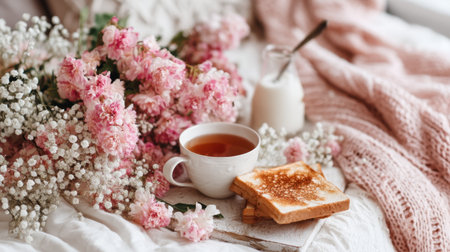 A cozy morning scene featuring a cup of tea, a slice of toast, and beautiful flowers arranged elegantly on a soft blanket, creating a tranquil atmosphere.の素材