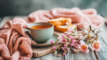 A serene tea time scene featuring a cup of tea, flowers, and soft textiles on a rustic wooden table, evoking feelings of relaxation and comfort in a cozy setting.の素材