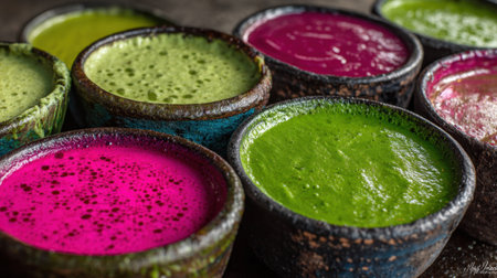 A stunning collection of vibrant bowls filled with natural paints, showcasing diverse colors and textures. Perfect for inspiring creativity in artistic projects.の素材