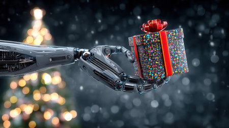 A sleek robotic hand presents a vivid gift box adorned with a festive bow, set against a blurred backdrop of holiday lights, symbolizing celebration and innovation.の素材