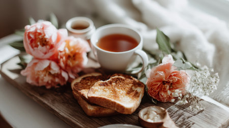 Delight in a cozy breakfast scene featuring perfectly toasted bread, aromatic tea, and vibrant flowers. Perfect for showcasing a comforting morning ritual.の素材
