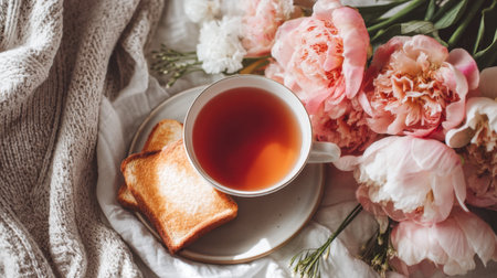 A serene morning setup featuring a cup of tea, golden toast, and fresh pink peonies, creating a warm and inviting atmosphere perfect for relaxation or brunch.の素材