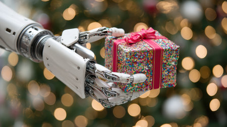 A robotic hand delicately holds a colorful gift box adorned with a bow, set against a festive background. This imagery captures the intersection of technology and holiday cheer.の素材