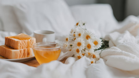 A serene breakfast scene featuring golden toast, a warm cup of tea, and fresh daisies on a soft bed. Perfect for evoking comfort and relaxation.の素材