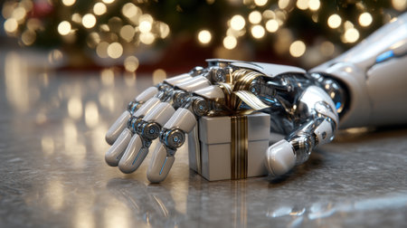 A futuristic robotic hand delicately holds a small gift box, symbolizing the intersection of technology and holiday spirit, set against a warm bokeh background.の素材