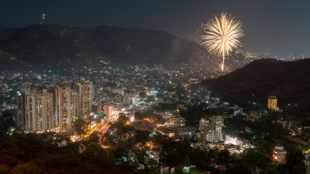 A breathtaking nighttime cityscape featuring vibrant fireworks illuminating the sky above a sprawling urban landscape, highlighting the beauty of the city.の素材