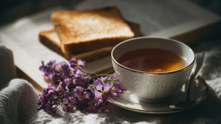 A serene morning scene featuring a cup of tea and slices of toast, alongside fresh flowers and an open book, creating an inviting atmosphere for relaxation.の素材