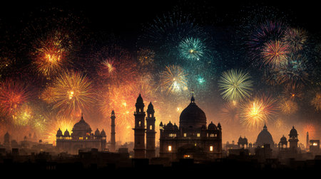 Experience a stunning fireworks display illuminating a historic city skyline at night, symbolizing celebration and joy in a vibrant atmosphere.の素材