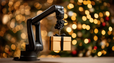 A robotic arm elegantly lifts a wrapped gift box against a festive bokeh background, capturing the essence of holiday innovation and seasonal excitement.の素材