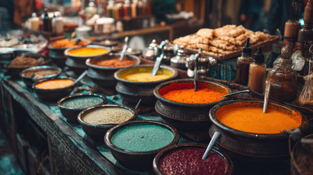 A captivating arrangement of vibrant spices and colorful herbs in traditional bowls at a bustling market. Perfect for culinary themes and cultural displays.の素材