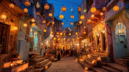 A captivating street scene illuminated by colorful lanterns and decorations, evoking festival spirit. Charming ambiance invites exploration and celebration.の素材