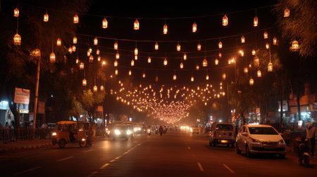 A stunning view of a city street beautifully decorated with numerous hanging lanterns, casting a warm glow over the vehicles and pedestrians below. Perfect for evoking a festive atmosphere.の素材