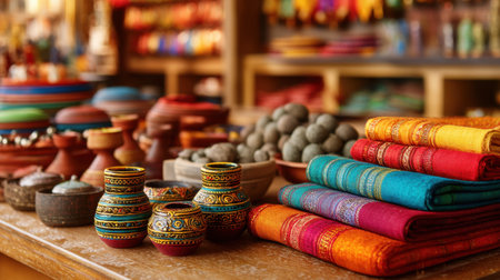 Discover a vibrant display of textiles and decorative crafts showcasing rich colors and intricate patterns, perfect for cultural and artisan themes.の素材