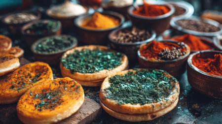 Array of vibrant spices and herbs arranged in rustic bowls on a table. Perfect for culinary themes, showcasing flavors and natural ingredients in cooking.の素材