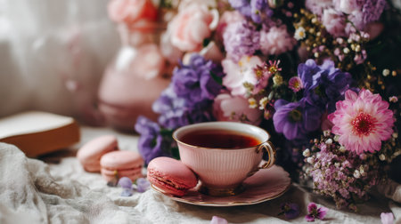 A serene composition featuring a delicate tea cup, sweet macarons, and a vibrant bouquet of flowers. Perfect for tea time themes, celebrations, or spring decor.の素材
